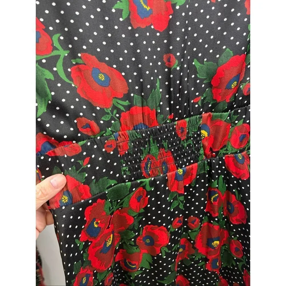 Free People Morning Light Flora Poppy Polka Dot Mini Dress in Black Red Size 6